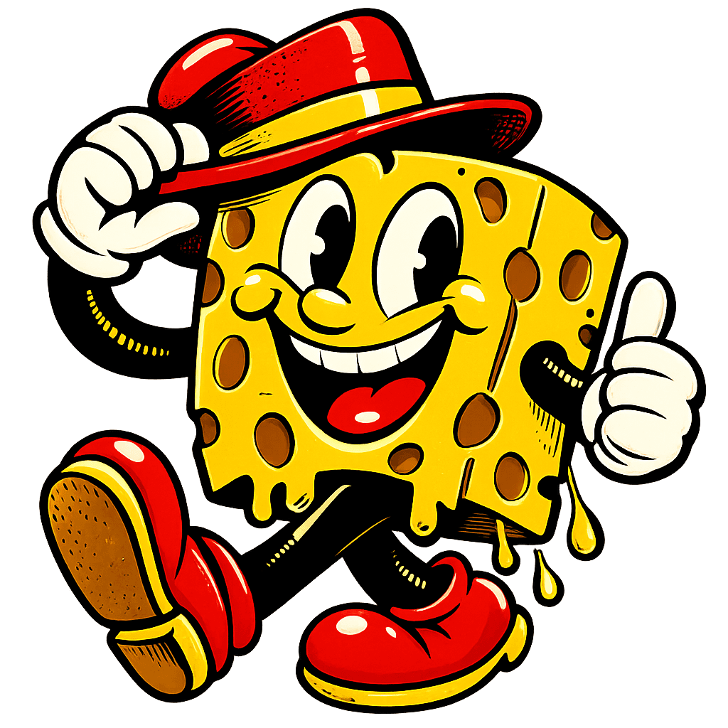 Cheese.africa mascot - happy cheese character with red hat